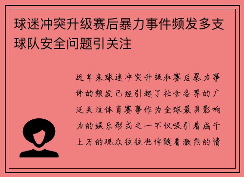球迷冲突升级赛后暴力事件频发多支球队安全问题引关注